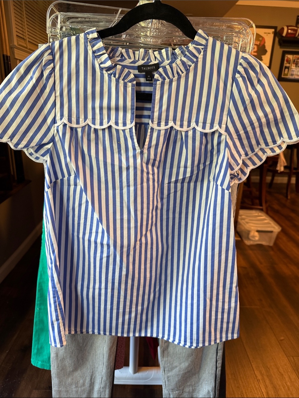 Talbots Blue and White Striped Scallop-Trim Blouse